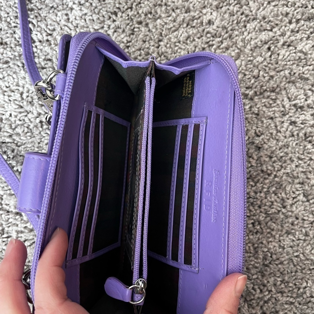 Hand painted mushroom purse fairycore mini genuine leather purple and yellow - Picture 4 of 6